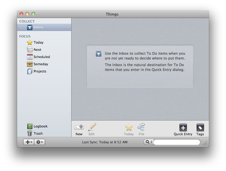 A screenshot of a fresh installation of Things.app for Mac