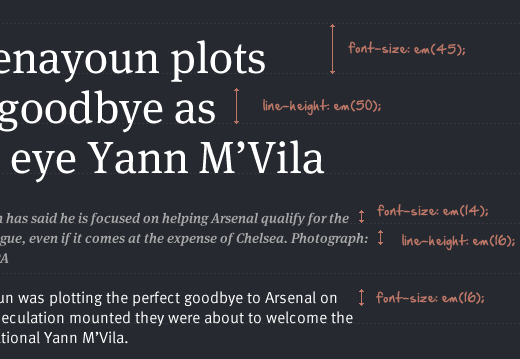 A screenshot of a website with markup showing CSS font sizes and line-height